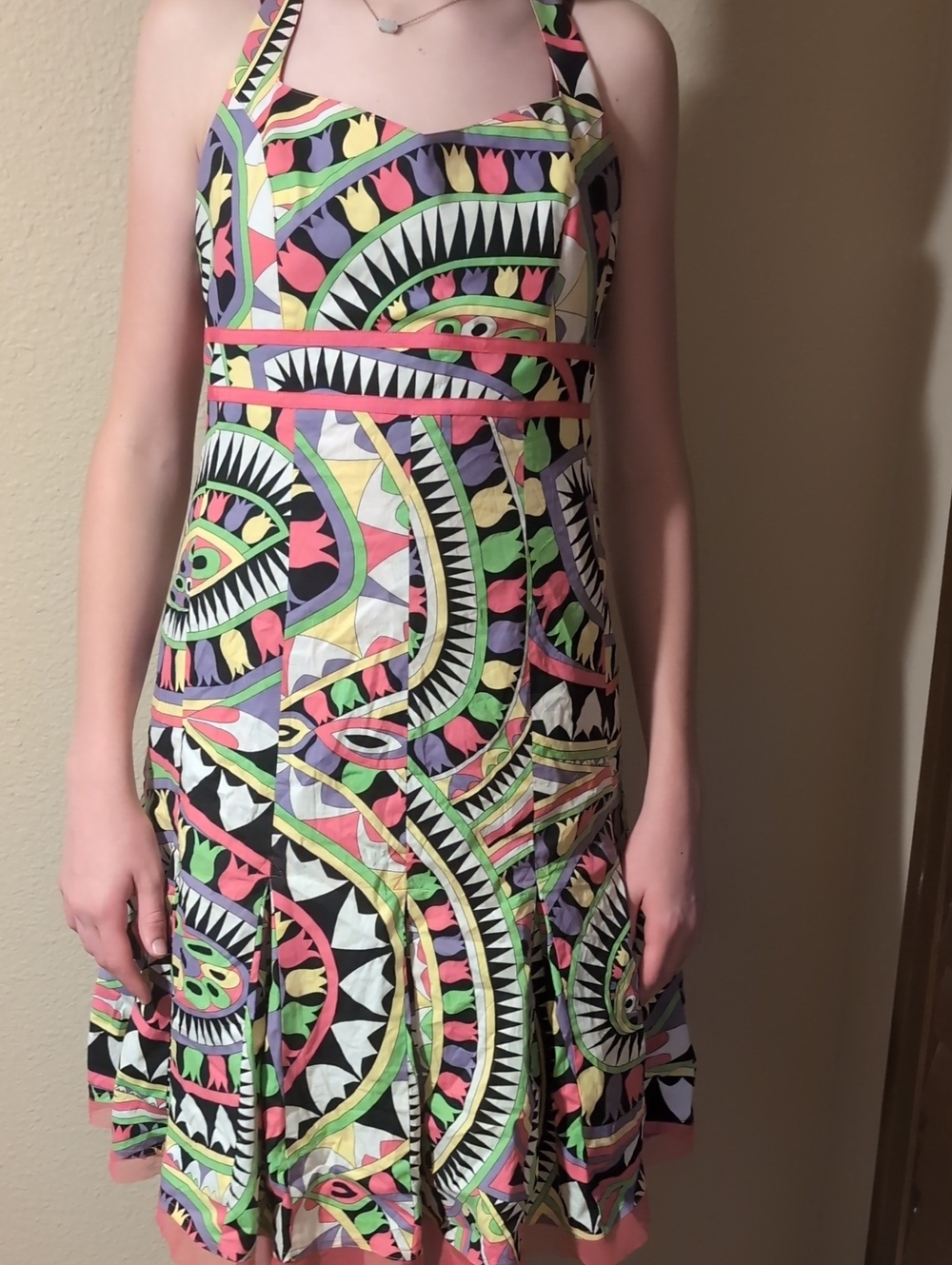 Etcetera Neon Geometric Halter Mini Dress